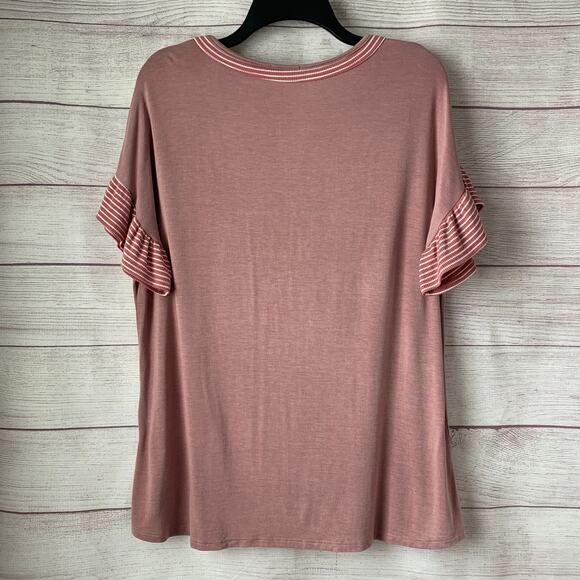 Hailey & Co Mauve Pink Short Sleeve Blouse with Striped Ruffle Cuffs Size L - Picture 10 of 12